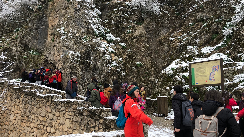 Snowy hillside with people going up steps