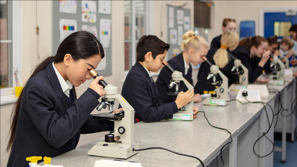 Students looking into microscopes